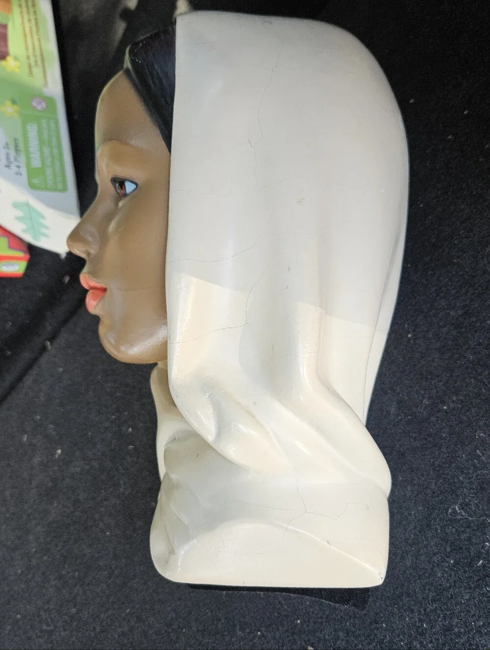 Vintage 1950's Chalkware Bust with Cream Headscarf and Brown Complexion Marwal